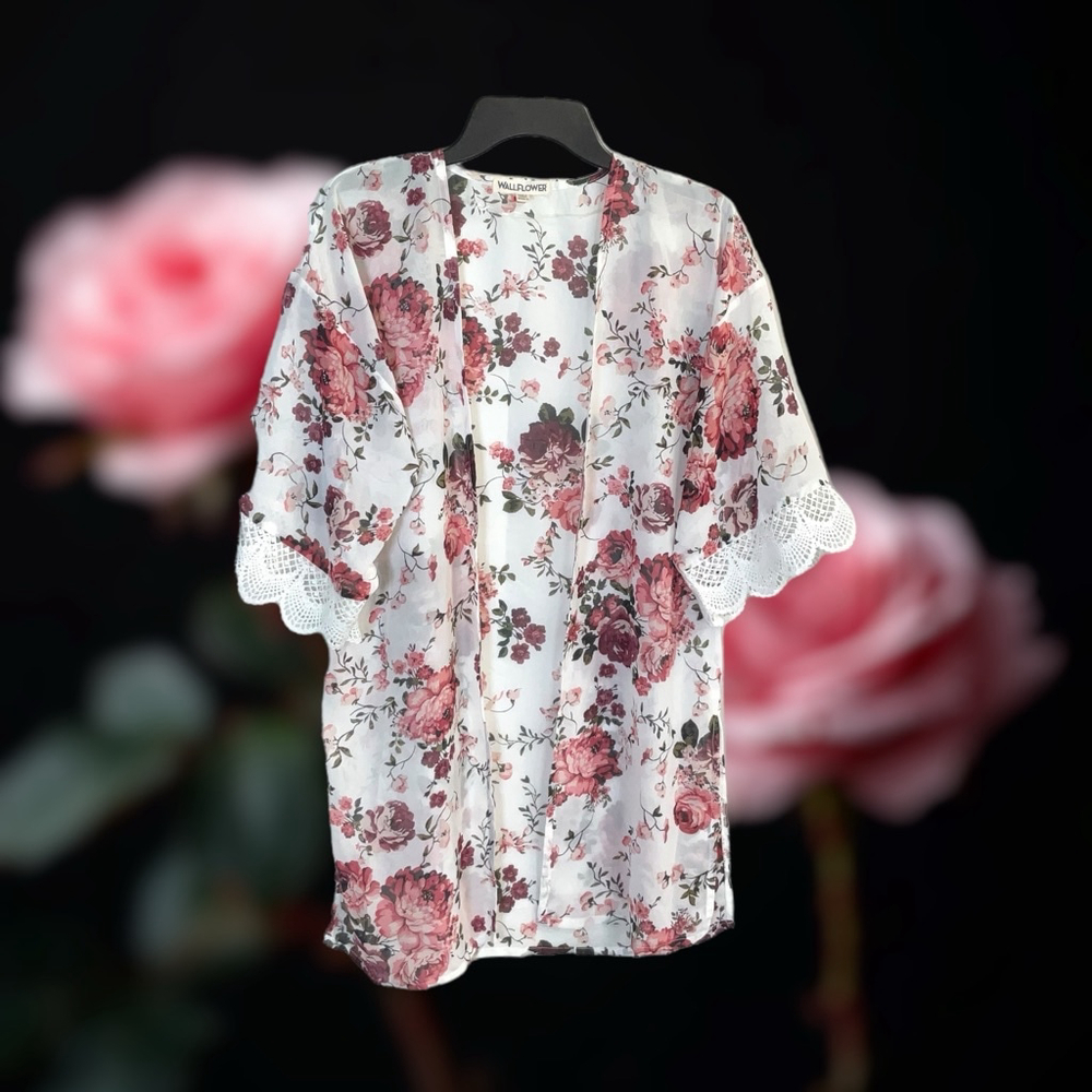 Wallflower White with Large Floral Print Sheer Open Duster Kimono w Lace Women S